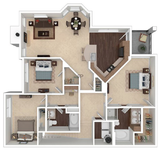 Floor plan for 3 beds, 2 baths, 1454 sqft